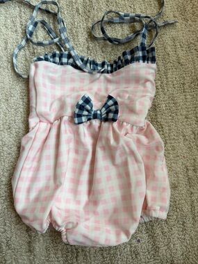 Pink Gingham Kids One-Piece Swimsuit with Navy Bow